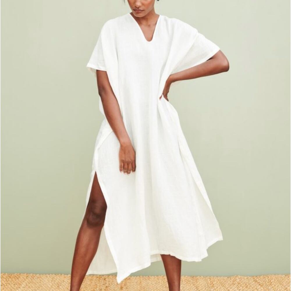 Jenni Kayne White 100% Linen Caftan Maxi Dress Cover Up Slits M L Euro Summer
